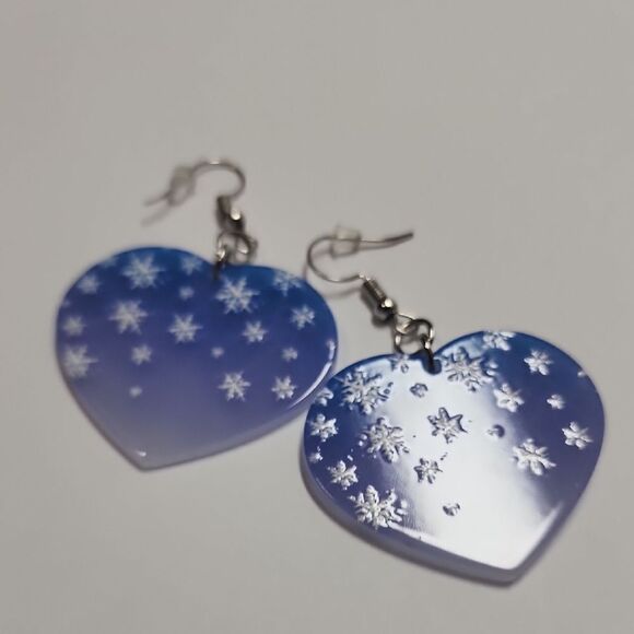 Blue Heart Earrings with Snowflake Design - Picture 1 of 3